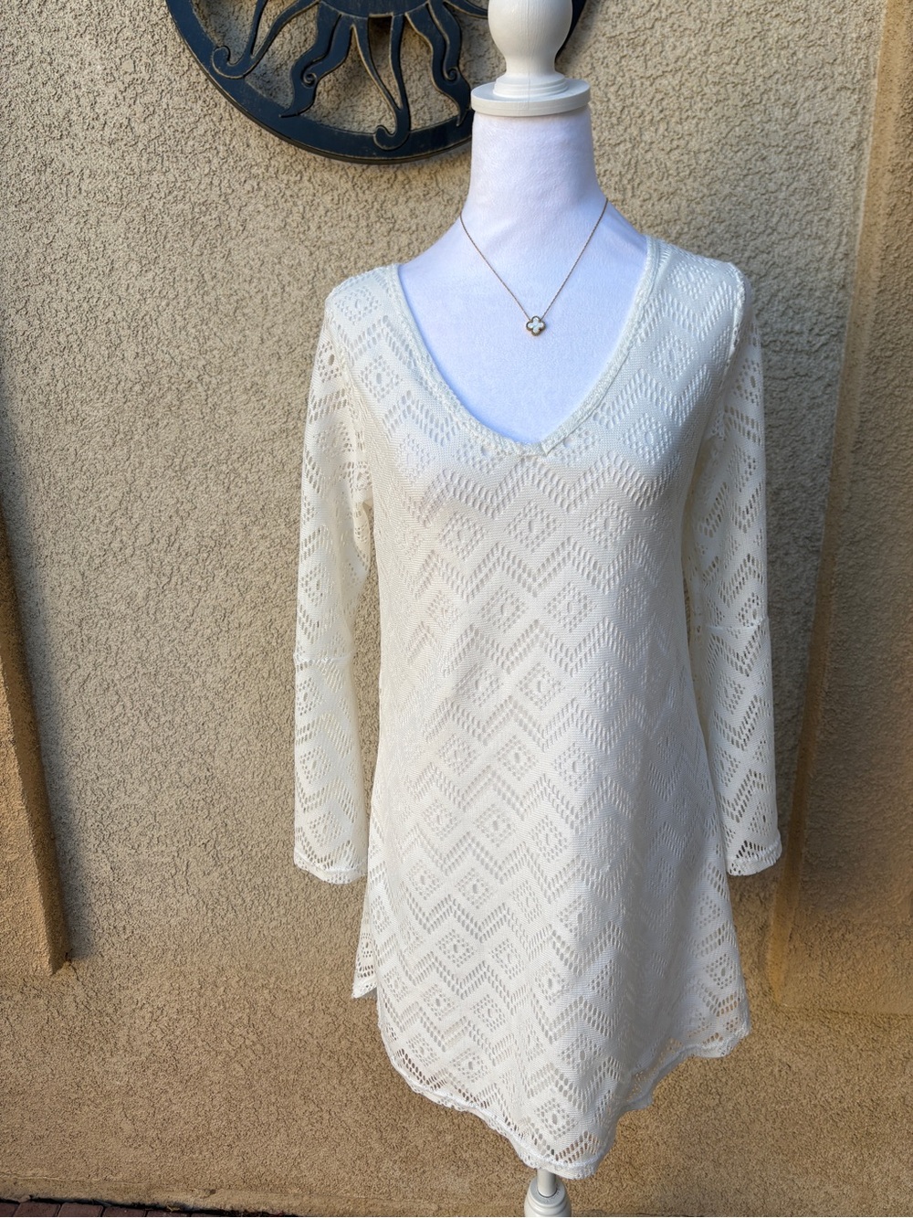 Urban Rose White Crochet Mini Dress Y2K V Neck Long Sleeve Boho Cottagecore